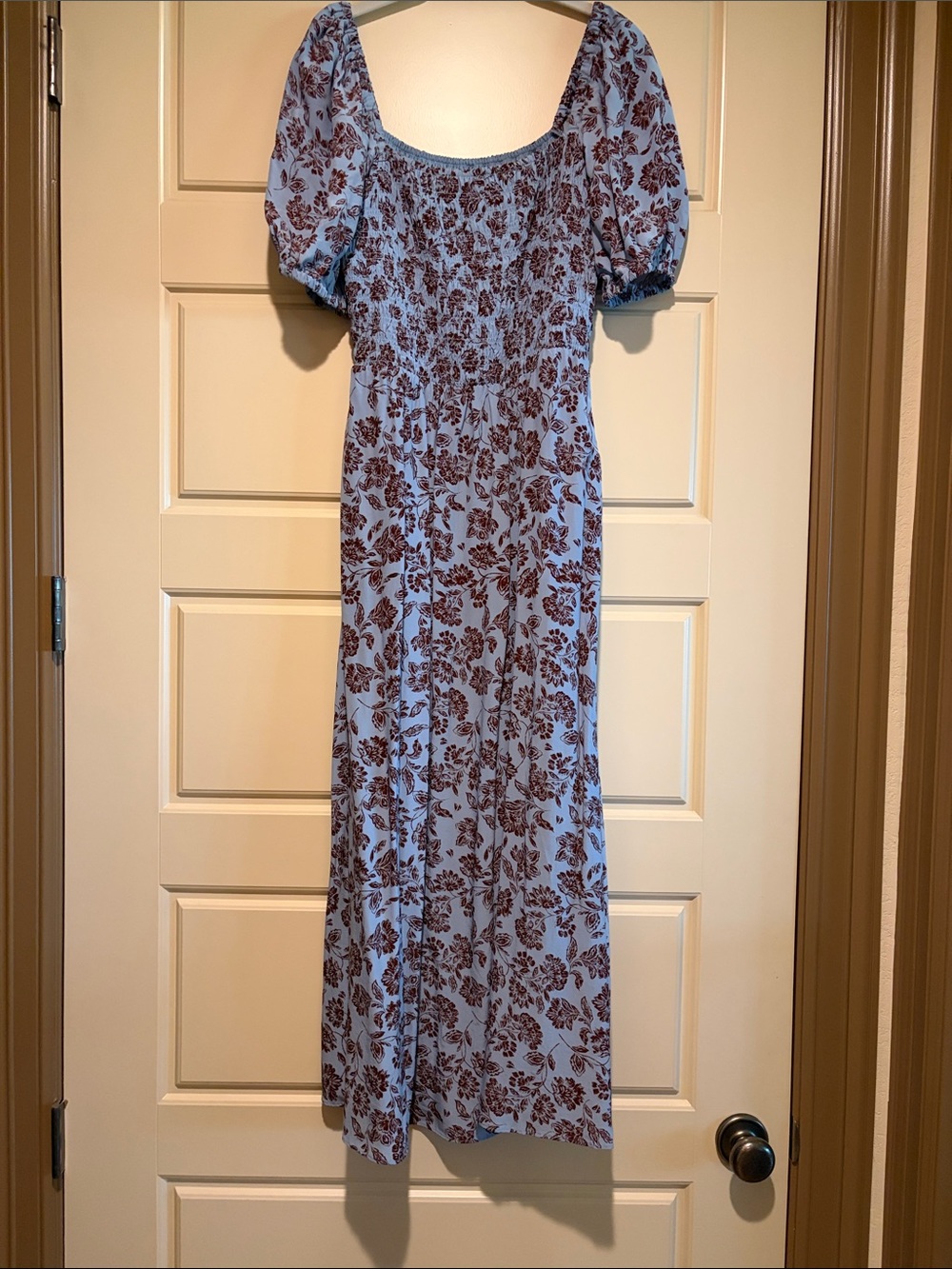 Madewell Blue Maxi Dress with Brown Floral Print and Puff Sleeves